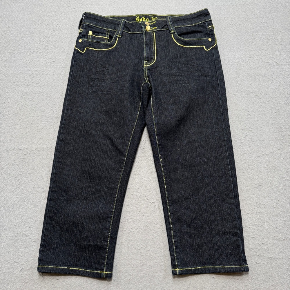Suko Jeans Capri Jeans Women's 30 Black Dark Wash Yellow Contrast Stitch Cropped